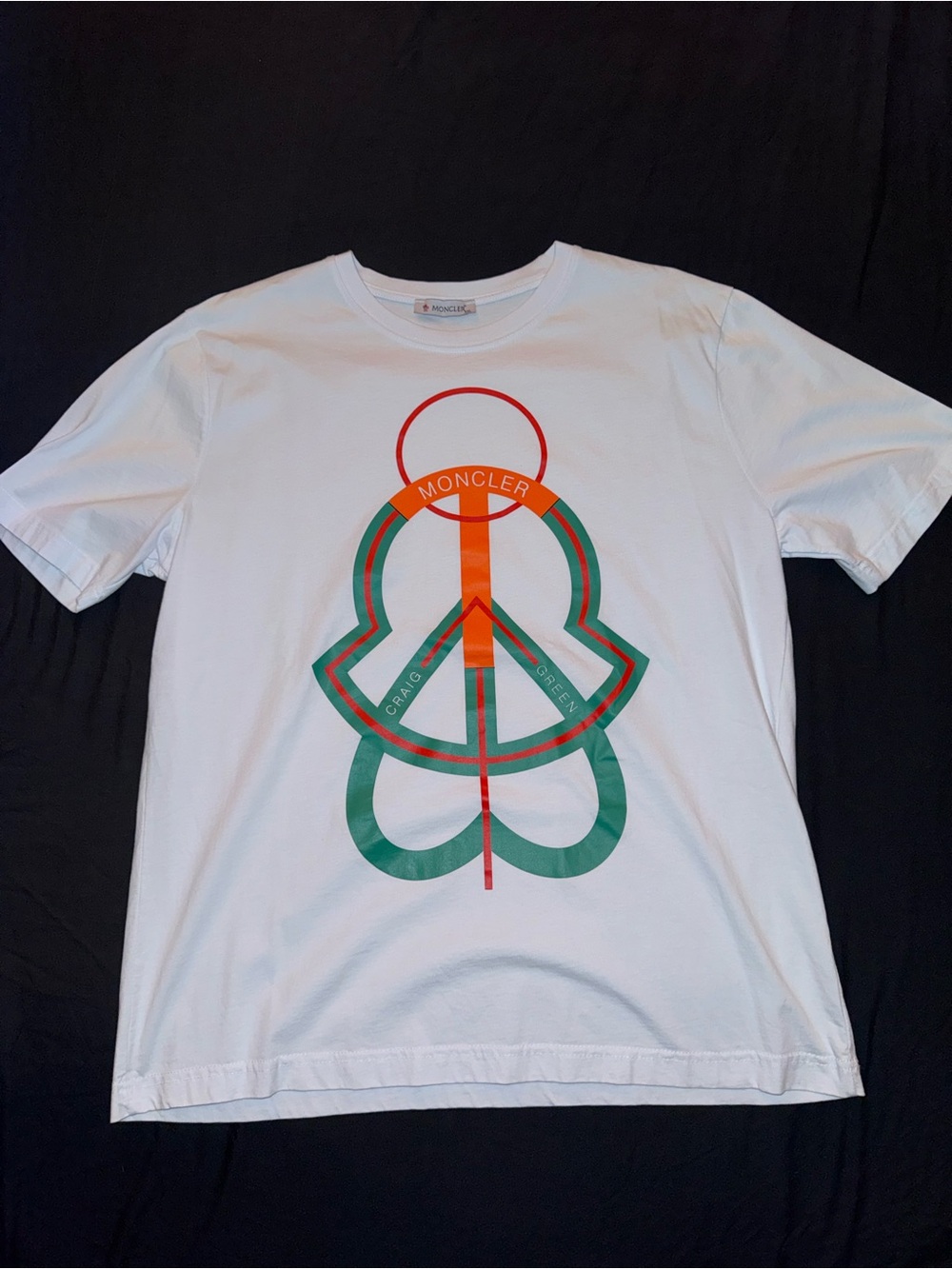 Moncler White Tee with Green and Orange Logo Graphic